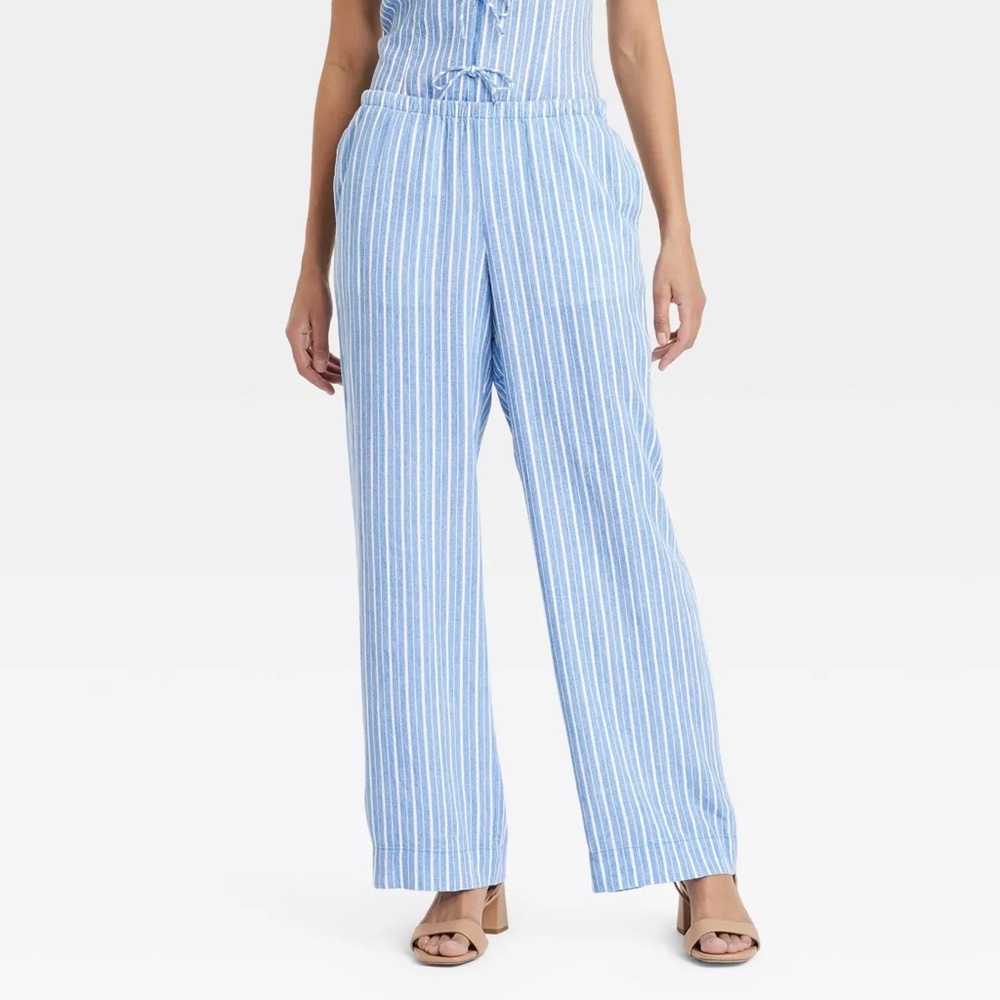 A New Day Women's Mid-Rise Wide Leg Linen Pull-On Pants Blue Striped